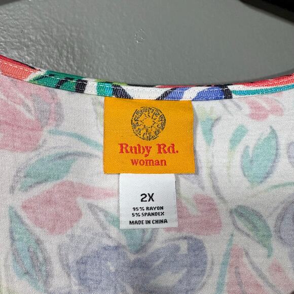 Ruby Rd. NWT Boho Red & Blue Floral Embroidered Trim Top - 2X - Womens Plus Size - Picture 5 of 6